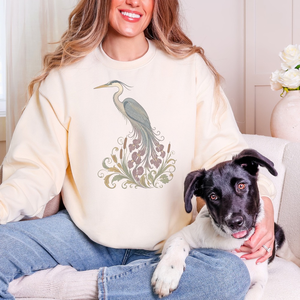 Heron Among Iris and Scrolling Plumes Art Nouveau Sweatshirt